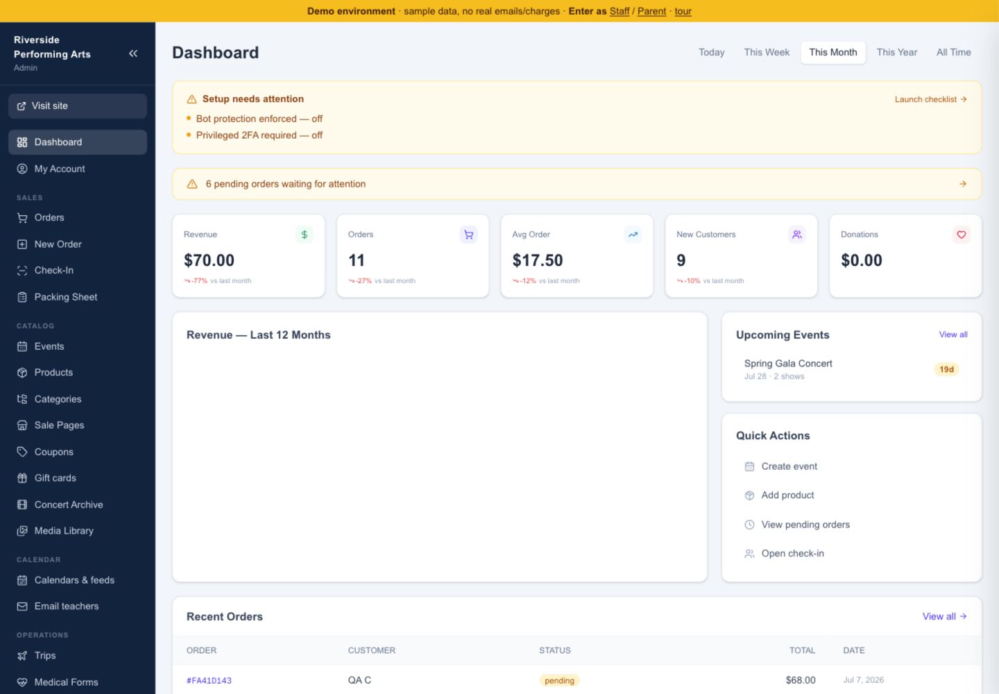 Ticketing admin dashboard with event revenue, orders, and seat sales