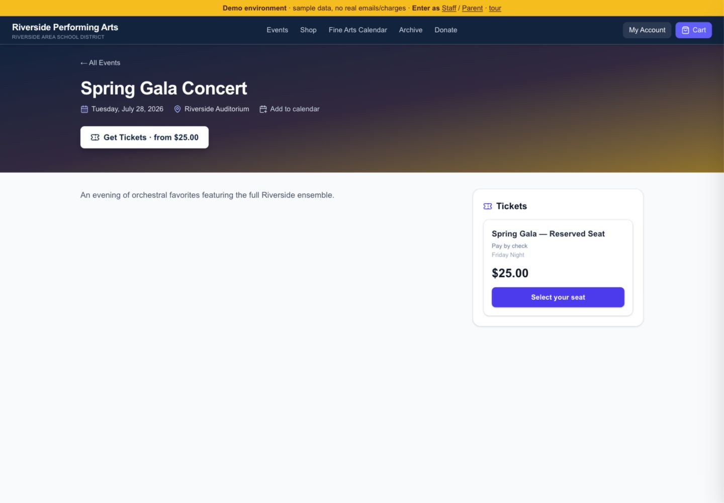 Public event page with ticket sales panel and event details