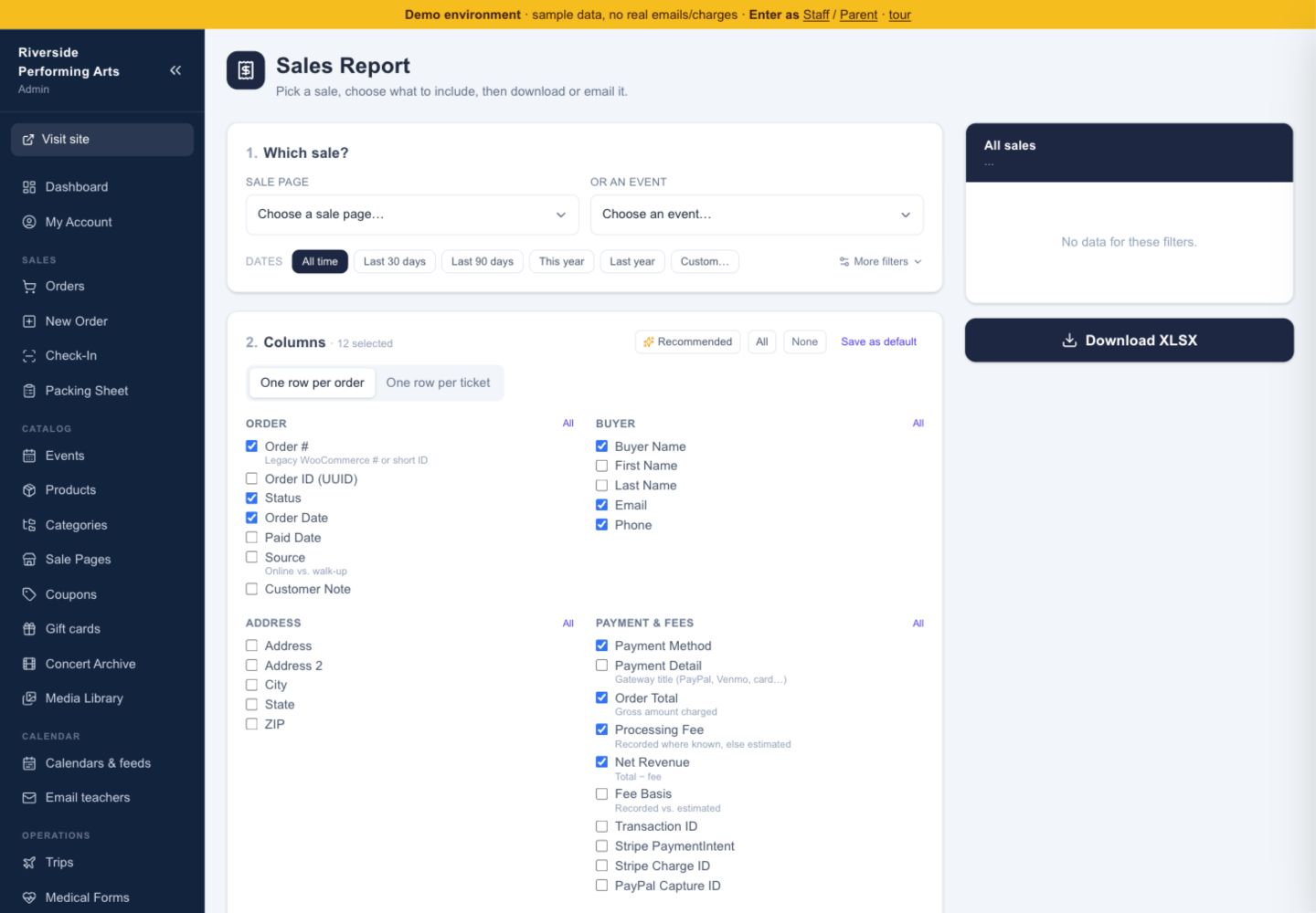 Sales reporting screen with date filters, categories, and exports